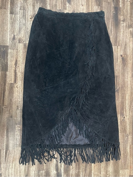 Denim&Co Dresses & Skirts - Vintage Denim & Co Black Suede Leather Fringe Maxi Skirt Boho Western Size Large